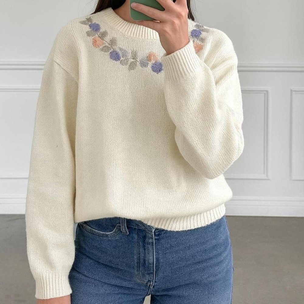 Vintage 90s Cream Sweater Pastel Embroidery Women Small‎ Cottagecore Fairycore